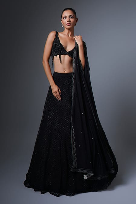 Ritika Mirchandani Black Crepe Embroidery Crystal Plunge V Nazanin Chevron Lehenga Set  