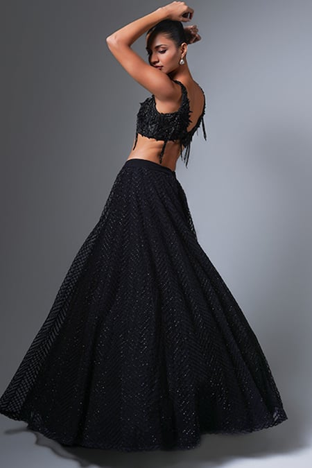 Shop Ritika Mirchandani Black Crepe Embroidery Crystal Plunge V Nazanin Chevron Lehenga Set at Aza Fashions Shop_Ritika Mirchandani_Black Crepe Embroidery Crystal Plunge V Nazanin Chevron Lehenga Set _at_Aza_Fashions