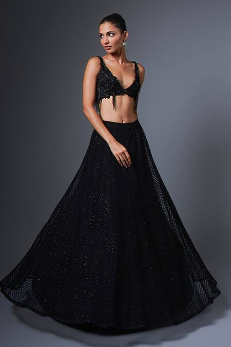 Ritika Mirchandani Black Crepe Embroidery Crystal Plunge V Nazanin Chevron Lehenga Set Online at Aza Fashions Ritika Mirchandani_Black Crepe Embroidery Crystal Plunge V Nazanin Chevron Lehenga Set _Online_at_Aza_Fashions