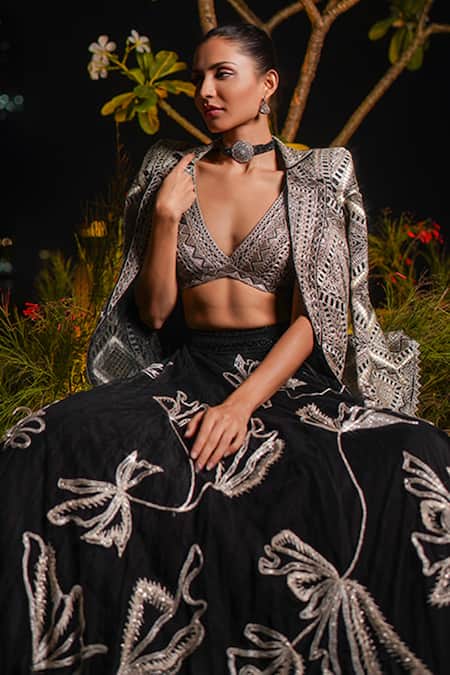 Ritika Mirchandani_Black Crepe Embroidery Crystal Blazer Noor Floral Lehenga Set With  _Online_at_Aza_Fashions
