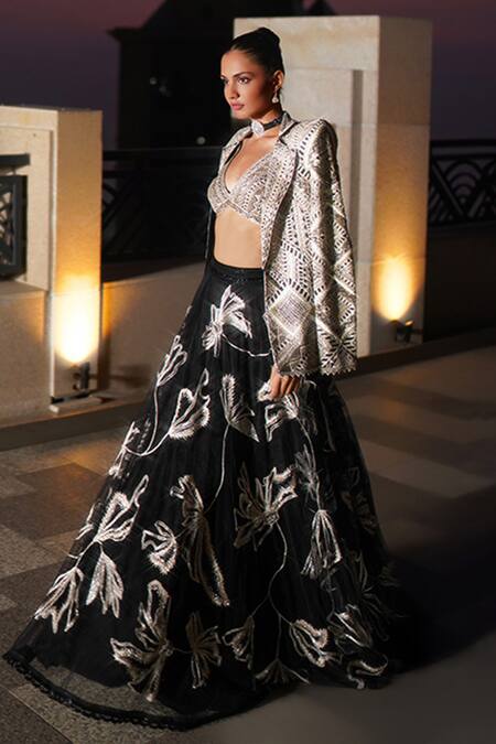 Buy_Ritika Mirchandani_Black Crepe Embroidery Crystal Blazer Noor Floral Lehenga Set With  _Online_at_Aza_Fashions