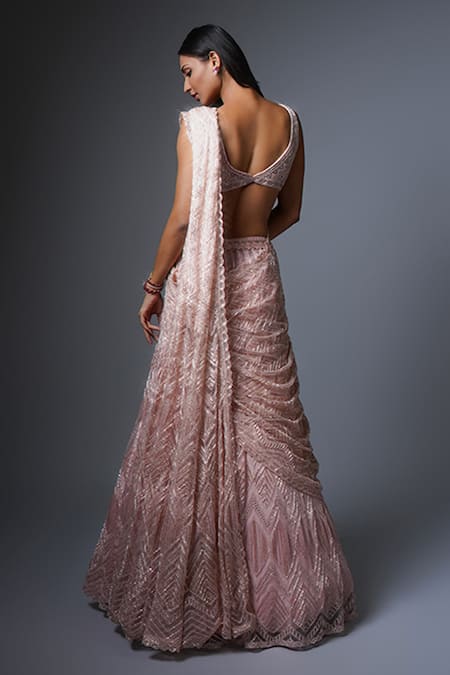 Shop Ritika Mirchandani Pink Net, Crepe, Denim, Georgette Crystals, Setareh Lehenga Saree With Blouse at Aza Fashions Shop_Ritika Mirchandani_Pink Net, Crepe, Denim, Georgette Crystals, Setareh Lehenga Saree With Blouse _at_Aza_Fashions