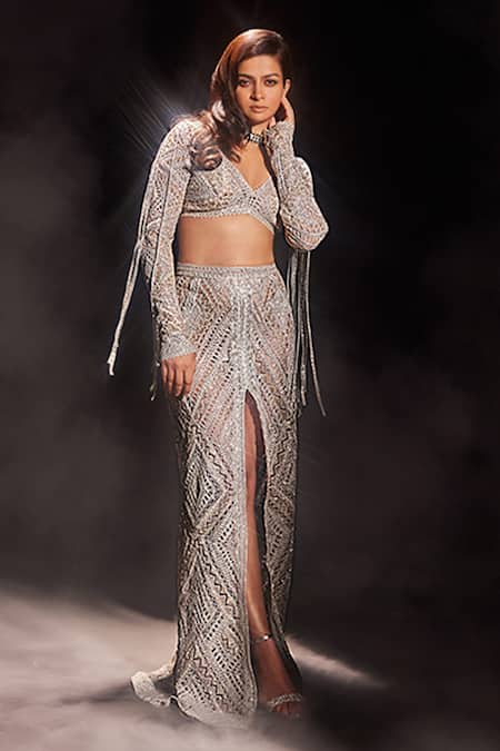 Buy Ritika Mirchandani Silver Net Embroidery Crystal V Nina Geometric Blouse And Skirt Set Buy_Ritika Mirchandani_Silver Net Embroidery Crystal V Nina Geometric Blouse And Skirt Set