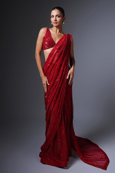 Ritika Mirchandani_Red Net, Crepe Crystals, Embroidery V-neck Geometric Lehenga Saree Set _at_Aza_Fashions