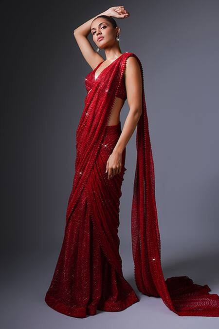 Shop_Ritika Mirchandani_Red Net, Crepe Crystals, Embroidery V-neck Geometric Lehenga Saree Set 