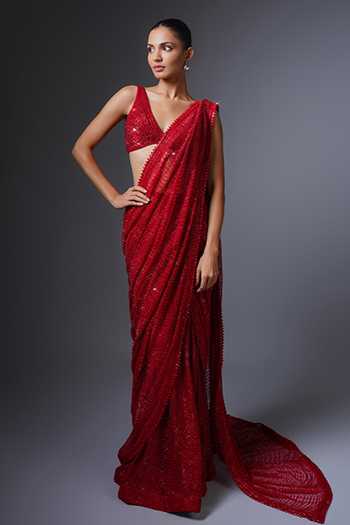 Buy Ritika Mirchandani Red Net, Crepe Crystals, Embroidery V-neck Geometric Lehenga Saree Set Online at Aza Fashions Buy_Ritika Mirchandani_Red Net, Crepe Crystals, Embroidery V-neck Geometric Lehenga Saree Set _Online_at_Aza_Fashions