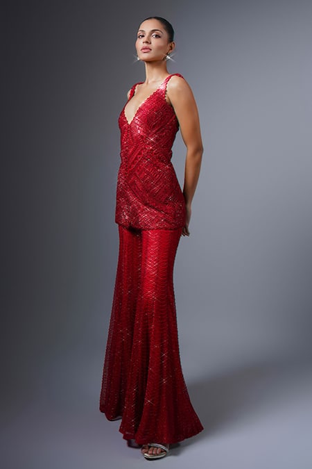 Ritika Mirchandani_Red Net, Crepe, Georgette Embroidery, Crystals Ahoo Cutwork Kurta Sharara Set _Online_at_Aza_Fashions
