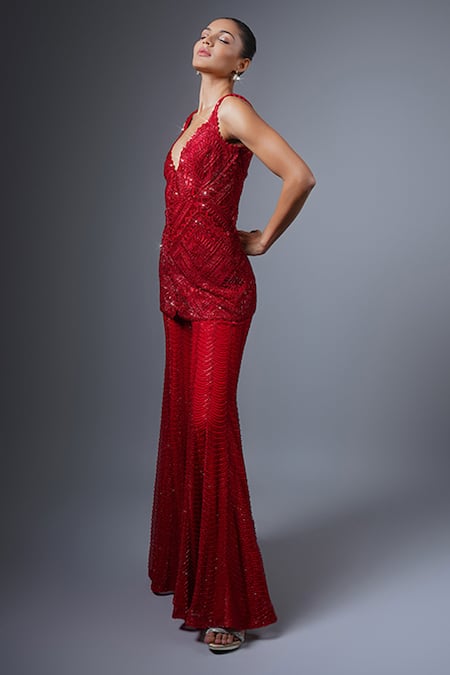 Buy_Ritika Mirchandani_Red Net, Crepe, Georgette Embroidery, Crystals Ahoo Cutwork Kurta Sharara Set _Online_at_Aza_Fashions