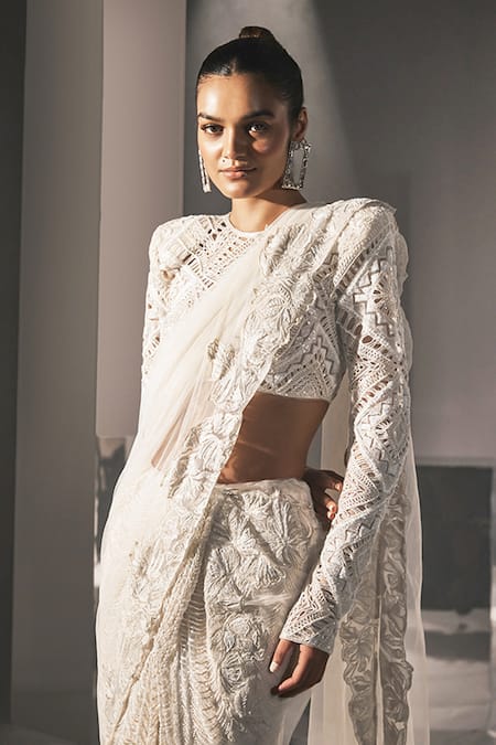 Shop Ritika Mirchandani Ivory Net, Crepe, Georgette Crystals, Afsaneh Floral Cutwork Saree Blouse Set at Aza Fashions Shop_Ritika Mirchandani_Ivory Net, Crepe, Georgette Crystals, Afsaneh Floral Cutwork Saree Blouse Set _at_Aza_Fashions
