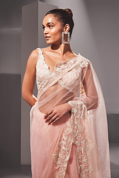 Shop Ritika Mirchandani Pink Net, Crepe, Georgette Crystals, Aleah Floral Cutwork Saree With Blouse at Aza Fashions Shop_Ritika Mirchandani_Pink Net, Crepe, Georgette Crystals, Aleah Floral Cutwork Saree With Blouse _at_Aza_Fashions
