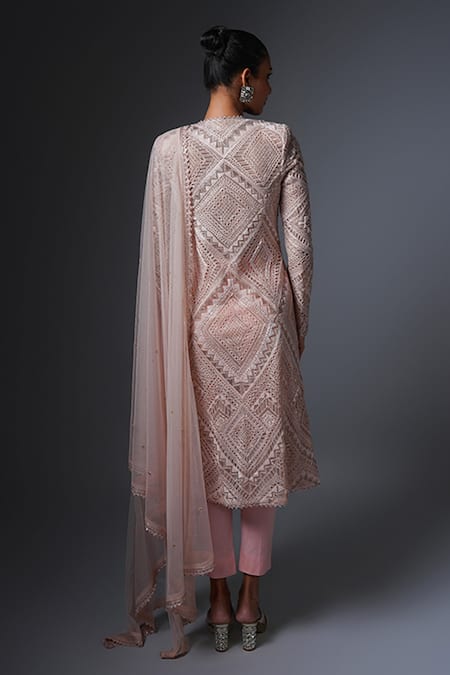 Shop Ritika Mirchandani Pink Net, Crepe, Georgette, Firuzeh Cutwork Embroidered A Line Kurta Pant Set at Aza Fashions Shop_Ritika Mirchandani_Pink Net, Crepe, Georgette, Firuzeh Cutwork Embroidered A Line Kurta Pant Set _at_Aza_Fashions