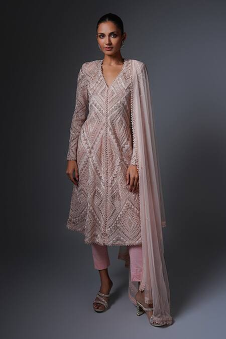 Ritika Mirchandani Pink Net, Crepe, Georgette, Firuzeh Cutwork Embroidered A Line Kurta Pant Set Online at Aza Fashions Ritika Mirchandani_Pink Net, Crepe, Georgette, Firuzeh Cutwork Embroidered A Line Kurta Pant Set _Online_at_Aza_Fashions