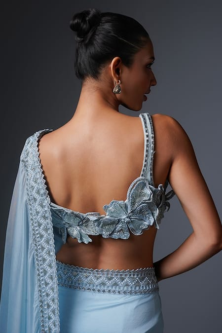 Shop Ritika Mirchandani Blue Net, Crepe, Georgette Golnar Cutwork Border And Set at Aza Fashions Shop_Ritika Mirchandani_Blue Net, Crepe, Georgette Golnar Cutwork Border And Set _at_Aza_Fashions
