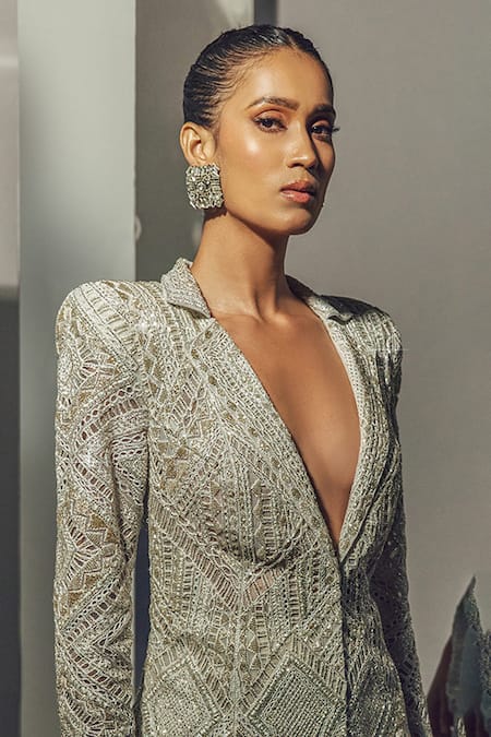 Shop Ritika Mirchandani Silver Crepe Embroidered Crystal Bugle Hafsa Blazer And Sharara Set at Aza Fashions Shop_Ritika Mirchandani_Silver Crepe Embroidered Crystal Bugle Hafsa Blazer And Sharara Set _at_Aza_Fashions