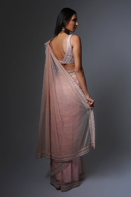 Shop Ritika Mirchandani Pink Net, Crepe, Georgette Beads, Embroidery Plunge Sepideh Saree And Blouse Set at Aza Fashions Shop_Ritika Mirchandani_Pink Net, Crepe, Georgette Beads, Embroidery Plunge Sepideh Saree And Blouse Set _at_Aza_Fashions