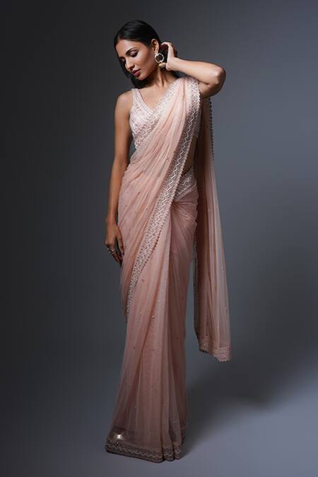 Ritika Mirchandani Pink Net, Crepe, Georgette Beads, Embroidery Plunge Sepideh Saree And Blouse Set Online at Aza Fashions Ritika Mirchandani_Pink Net, Crepe, Georgette Beads, Embroidery Plunge Sepideh Saree And Blouse Set _Online_at_Aza_Fashions