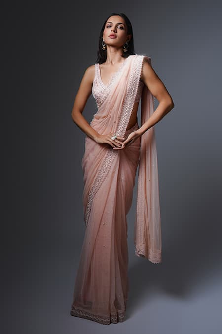 Buy Ritika Mirchandani Pink Net, Crepe, Georgette Beads, Embroidery Plunge Sepideh Saree And Blouse Set Online at Aza Fashions Buy_Ritika Mirchandani_Pink Net, Crepe, Georgette Beads, Embroidery Plunge Sepideh Saree And Blouse Set _Online_at_Aza_Fashions