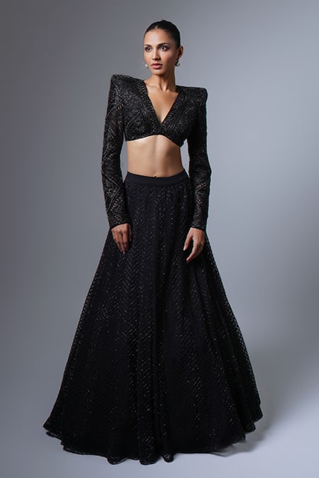 Shop Ritika Mirchandani Black Crepe Embroidered Crystal Nasrine Chevron Lehenga And Blouse Set at Aza Fashions Shop_Ritika Mirchandani_Black Crepe Embroidered Crystal Nasrine Chevron Lehenga And Blouse Set _at_Aza_Fashions