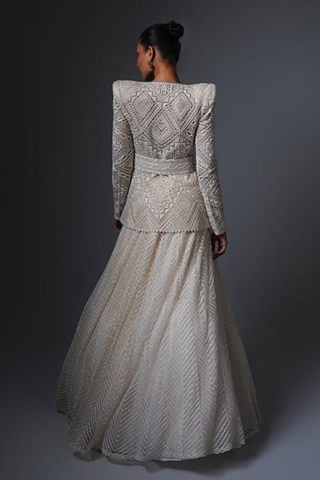 Shop Ritika Mirchandani Ivory Net, Crepe, Georgette Embroidery, Cut Parisa Chevron Lehenga And Kurta Set at Aza Fashions Shop_Ritika Mirchandani_Ivory Net, Crepe, Georgette Embroidery, Cut Parisa Chevron Lehenga And Kurta Set _at_Aza_Fashions
