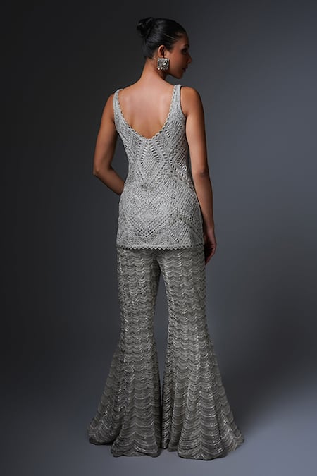 Shop Ritika Mirchandani Silver Net, Crepe, Silk Beads, Embroidery, Roxana Short Kurta Sharara Set at Aza Fashions Shop_Ritika Mirchandani_Silver Net, Crepe, Silk Beads, Embroidery, Roxana Short Kurta Sharara Set _at_Aza_Fashions