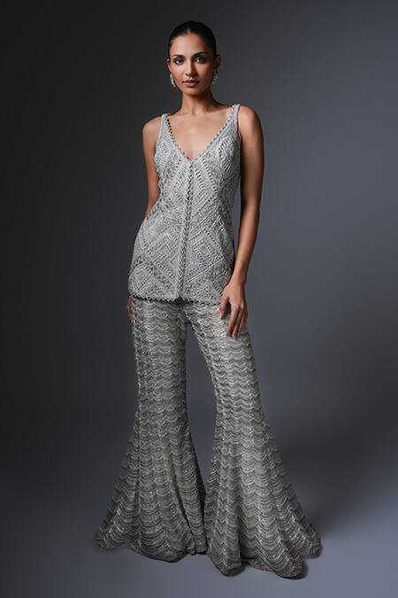 Ritika Mirchandani Silver Net, Crepe, Silk Beads, Embroidery, Roxana Short Kurta Sharara Set Online at Aza Fashions Ritika Mirchandani_Silver Net, Crepe, Silk Beads, Embroidery, Roxana Short Kurta Sharara Set _Online_at_Aza_Fashions