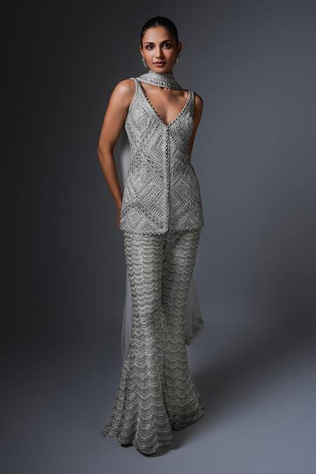 Shop Ritika Mirchandani Silver Net, Crepe, Silk Beads, Embroidery, Roxana Short Kurta Sharara Set Online at Aza Fashions Shop_Ritika Mirchandani_Silver Net, Crepe, Silk Beads, Embroidery, Roxana Short Kurta Sharara Set _Online_at_Aza_Fashions