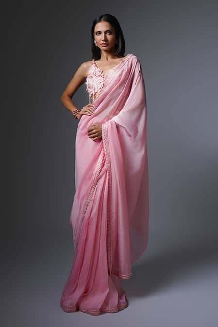 Ritika Mirchandani Pink Crepe Embroidered Floral Applique V Shiraz Blouse And Saree Set  