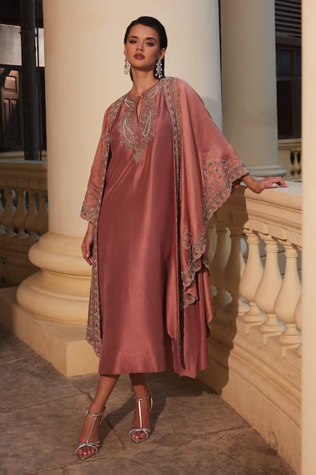 JAYANTI REDDY Peach Dupion Silk Embroidered Zardozi Cape Open With Kaftan  