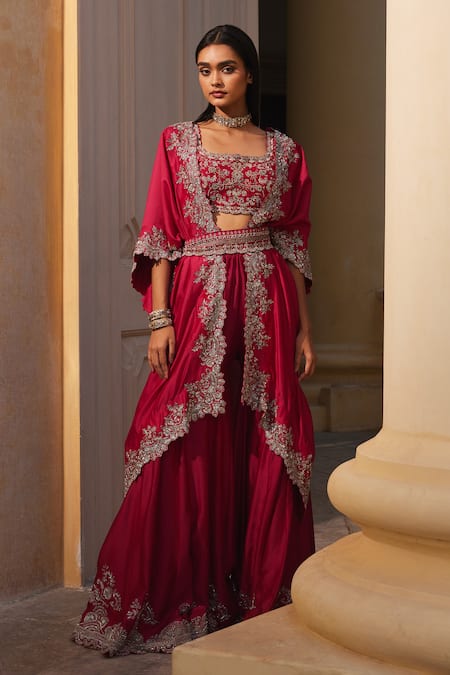 Shop Jayanti Reddy Pink Silk, Chanderi Zari, Embroidery Zardozi Cape Sharara Set at Aza Fashions Shop_Jayanti Reddy_Pink Silk, Chanderi Zari, Embroidery Zardozi Cape Sharara Set _at_Aza_Fashions