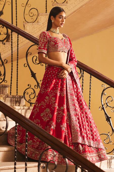 Jayanti Reddy Red Silk Zari, Sequins Raw Floral Zardozi Embroidered Bridal Lehenga Set Online at Aza Fashions Jayanti Reddy_Red Silk Zari, Sequins Raw Floral Zardozi Embroidered Bridal Lehenga Set _Online_at_Aza_Fashions