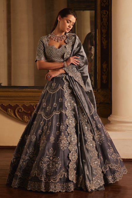 Shop Jayanti Reddy Grey Silk Zari, Sequins Asymmetric Raw Zardozi Scallop Embroidered Lehenga Set at Aza Fashions Shop_Jayanti Reddy_Grey Silk Zari, Sequins Asymmetric Raw Zardozi Scallop Embroidered Lehenga Set _at_Aza_Fashions