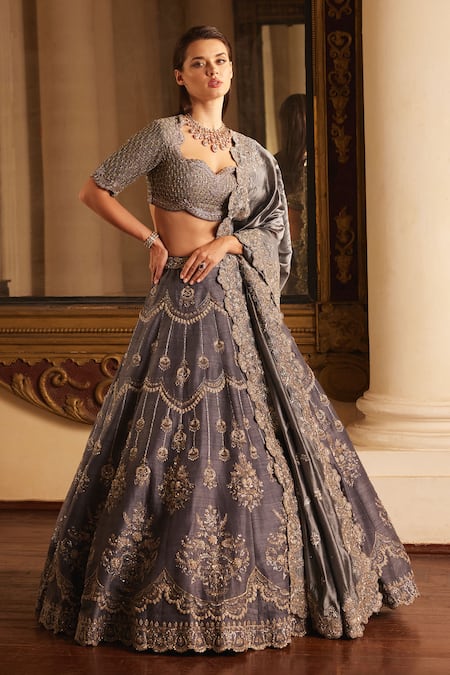 Jayanti Reddy Grey Silk Zari, Sequins Asymmetric Raw Zardozi Scallop Embroidered Lehenga Set Online at Aza Fashions Jayanti Reddy_Grey Silk Zari, Sequins Asymmetric Raw Zardozi Scallop Embroidered Lehenga Set _Online_at_Aza_Fashions