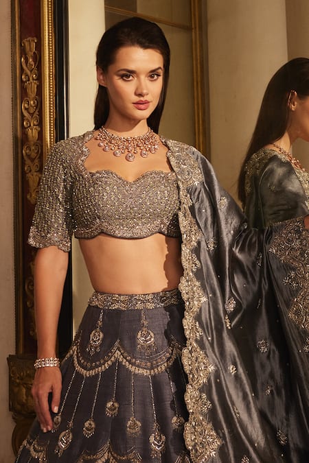 Buy Jayanti Reddy Grey Silk Zari, Sequins Asymmetric Raw Zardozi Scallop Embroidered Lehenga Set Online at Aza Fashions Buy_Jayanti Reddy_Grey Silk Zari, Sequins Asymmetric Raw Zardozi Scallop Embroidered Lehenga Set _Online_at_Aza_Fashions