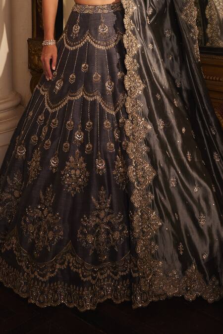 Shop Jayanti Reddy Grey Silk Zari, Sequins Asymmetric Raw Zardozi Scallop Embroidered Lehenga Set Online at Aza Fashions Shop_Jayanti Reddy_Grey Silk Zari, Sequins Asymmetric Raw Zardozi Scallop Embroidered Lehenga Set _Online_at_Aza_Fashions