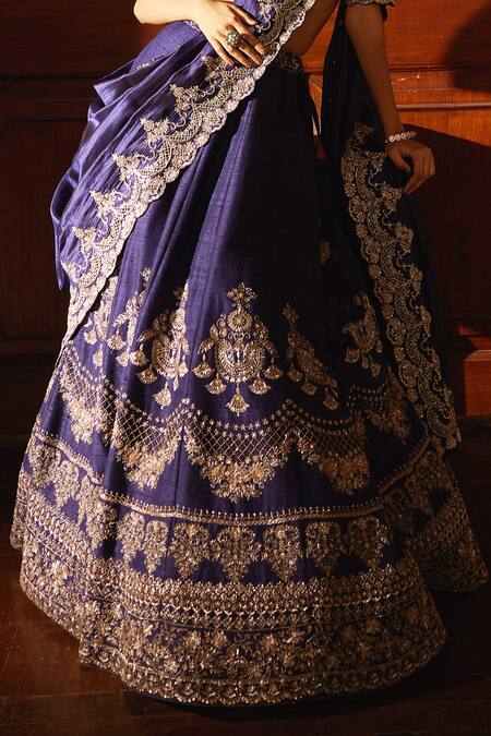 Jayanti Reddy_Purple Silk Zari, Raw Floral Scallop Zardozi Embroidered Bridal Lehenga Set _Online_at_Aza_Fashions