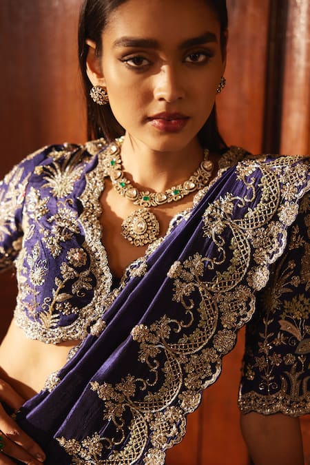 Jayanti Reddy_Purple Silk Zari, Raw Floral Scallop Zardozi Embroidered Bridal Lehenga Set _at_Aza_Fashions