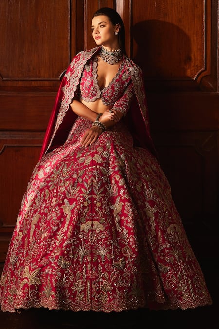 Shop Jayanti Reddy Pink Silk Zari, Raw Floral Garden Zardozi Embroidered Bridal Lehenga Set at Aza Fashions Shop_Jayanti Reddy_Pink Silk Zari, Raw Floral Garden Zardozi Embroidered Bridal Lehenga Set _at_Aza_Fashions