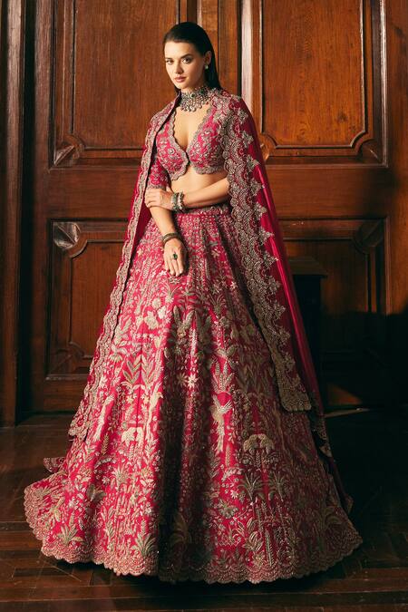 Shop Jayanti Reddy Pink Silk Zari, Raw Floral Garden Zardozi Embroidered Bridal Lehenga Set Online at Aza Fashions Shop_Jayanti Reddy_Pink Silk Zari, Raw Floral Garden Zardozi Embroidered Bridal Lehenga Set _Online_at_Aza_Fashions