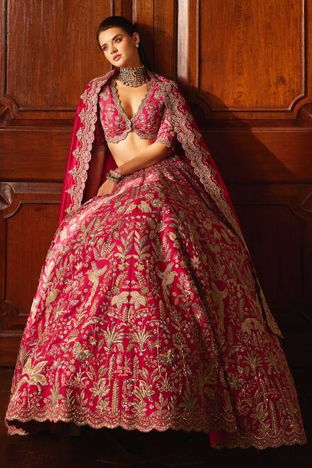 Jayanti Reddy Pink Silk Zari, Raw Floral Garden Zardozi Embroidered Bridal Lehenga Set at Aza Fashions Jayanti Reddy_Pink Silk Zari, Raw Floral Garden Zardozi Embroidered Bridal Lehenga Set _at_Aza_Fashions