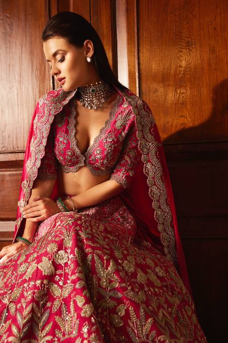Buy Jayanti Reddy Pink Silk Zari, Raw Floral Garden Zardozi Embroidered Bridal Lehenga Set Buy_Jayanti Reddy_Pink Silk Zari, Raw Floral Garden Zardozi Embroidered Bridal Lehenga Set