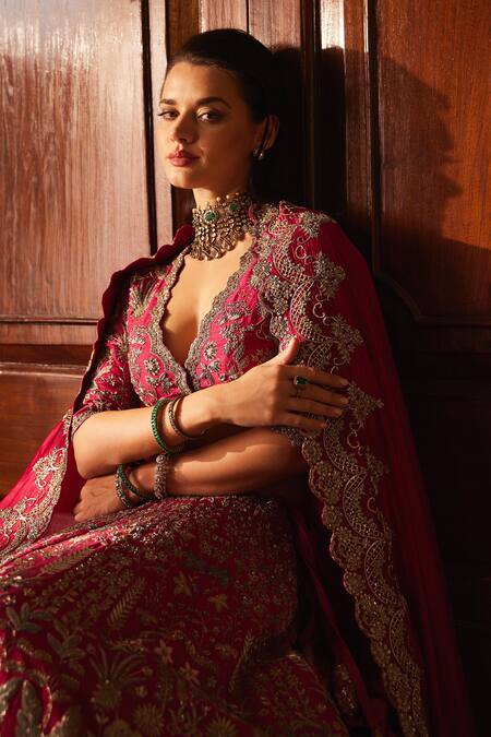 Shop Jayanti Reddy Pink Silk Zari, Raw Floral Garden Zardozi Embroidered Bridal Lehenga Set Shop_Jayanti Reddy_Pink Silk Zari, Raw Floral Garden Zardozi Embroidered Bridal Lehenga Set