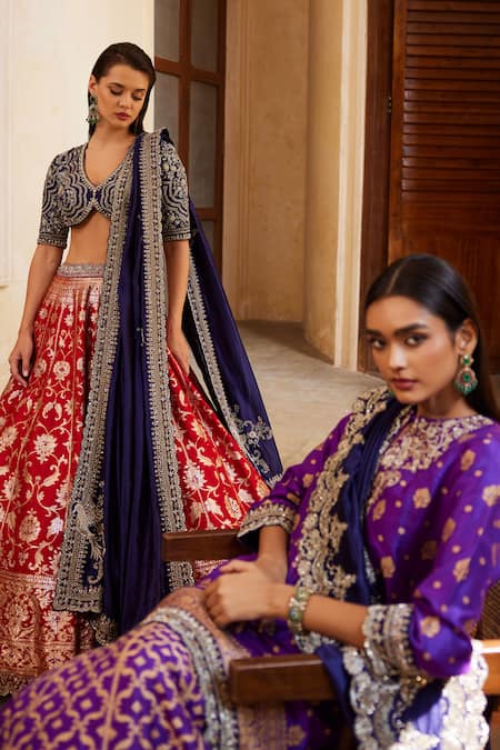 Jayanti Reddy_Red Zari, Sequins Banaras Silk Floral Jaal Pattern Bridal Lehenga Set _Online_at_Aza_Fashions