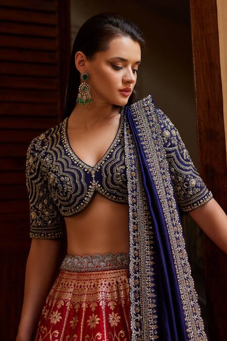 Buy_Jayanti Reddy_Red Zari, Sequins Banaras Silk Floral Jaal Pattern Bridal Lehenga Set _Online_at_Aza_Fashions