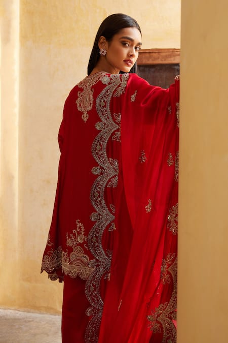 Shop Jayanti Reddy Red Silk Zari, Sequins, Embroidery Zardozi Asymmetric Kurta Dhoti Pant Set at Aza Fashions Shop_Jayanti Reddy_Red Silk Zari, Sequins, Embroidery Zardozi Asymmetric Kurta Dhoti Pant Set _at_Aza_Fashions