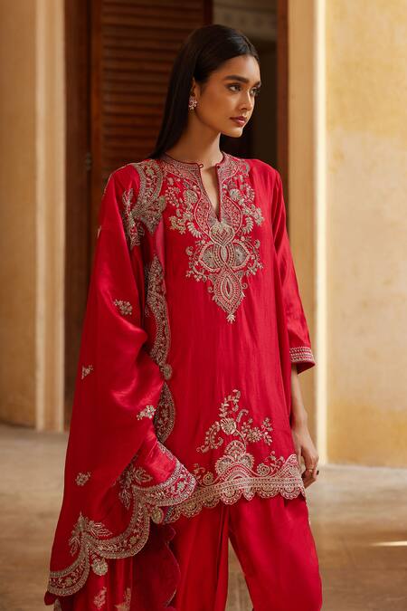 Jayanti Reddy Red Silk Zari, Sequins, Embroidery Zardozi Asymmetric Kurta Dhoti Pant Set Online at Aza Fashions Jayanti Reddy_Red Silk Zari, Sequins, Embroidery Zardozi Asymmetric Kurta Dhoti Pant Set _Online_at_Aza_Fashions