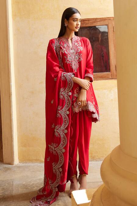 Buy Jayanti Reddy Red Silk Zari, Sequins, Embroidery Zardozi Asymmetric Kurta Dhoti Pant Set Online at Aza Fashions Buy_Jayanti Reddy_Red Silk Zari, Sequins, Embroidery Zardozi Asymmetric Kurta Dhoti Pant Set _Online_at_Aza_Fashions