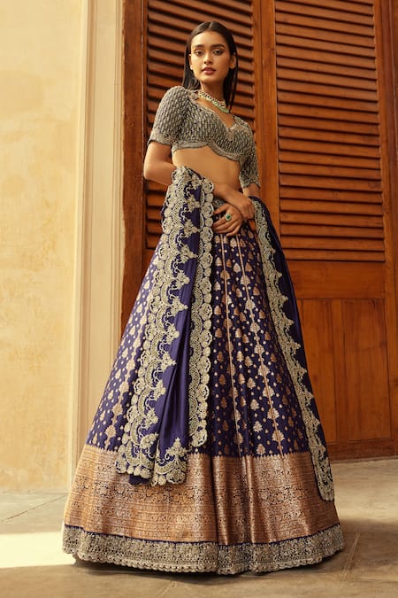Shop Jayanti Reddy Purple Brocade, Silk Banaras Floral Zardozi Embroidered Bridal Lehenga Set at Aza Fashions Shop_Jayanti Reddy_Purple Brocade, Silk Banaras Floral Zardozi Embroidered Bridal Lehenga Set _at_Aza_Fashions