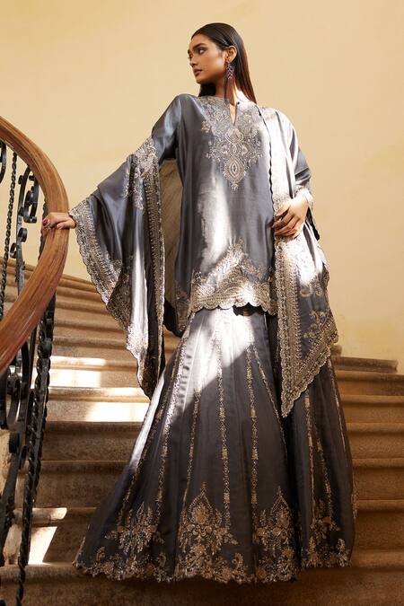 Jayanti Reddy_Grey Silk Zari, Sequins Split V-neck Zardozi Embroidered Cape Sharara Set _Online_at_Aza_Fashions