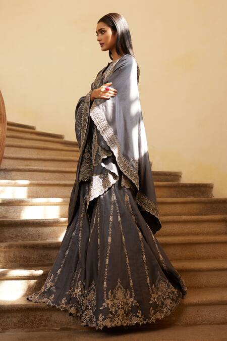 Buy_Jayanti Reddy_Grey Silk Zari, Sequins Split V-neck Zardozi Embroidered Cape Sharara Set _Online_at_Aza_Fashions