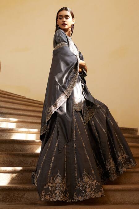 Shop_Jayanti Reddy_Grey Silk Zari, Sequins Split V-neck Zardozi Embroidered Cape Sharara Set _Online_at_Aza_Fashions